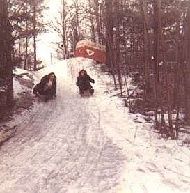 Bozzo and Meatloaf sledding 1